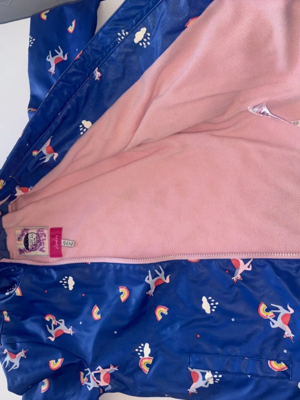 Joules Blue Raindance Unicorn Rubber Lined Hooded Rainbow Raincoat 7-8Y